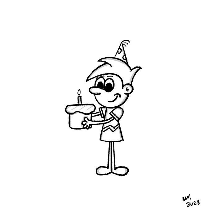Olly Jolly eCard. Cartoon illustration of a person wearing a party hat, holding a cake with a candle on it.