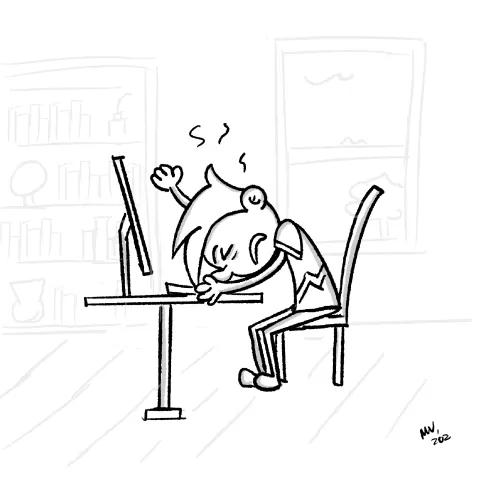 Olly Jolly eCard. Cartoon illustration of a person banging their head on a computer desk, annoyed and agitated about something at a work or home office.