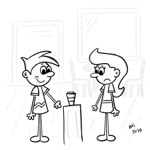 Olly Jolly eCard. Cartoon illustration of two people at a coffee shop talking about something or a coffee cup that is on a counter.