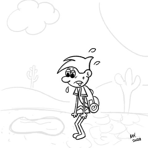 Olly Jolly eCard. Cartoon illustration of a person exhausted, walking with a backpack in a dessert, looking for something. 