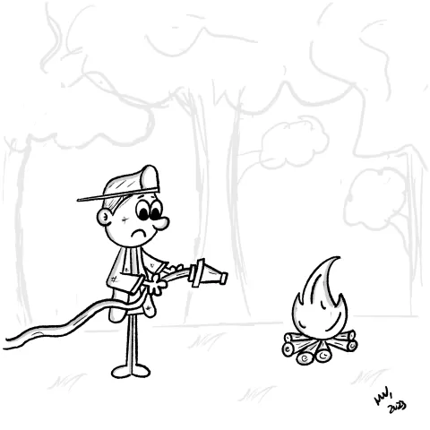Olly Jolly eCard. Cartoon illustration of a firefighter called to put out a campfire in the middle of the woods.