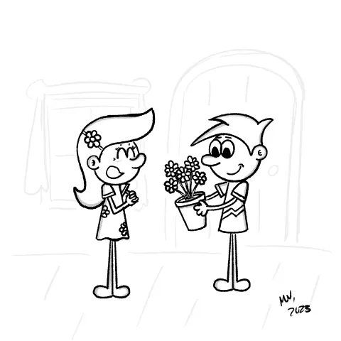 Olly Jolly eCard. Adorable illustration of two cartoon characters where one is giving a pot of flowers, while another is happy an excited for the gift. In a charming, funny, lovable emotion. 