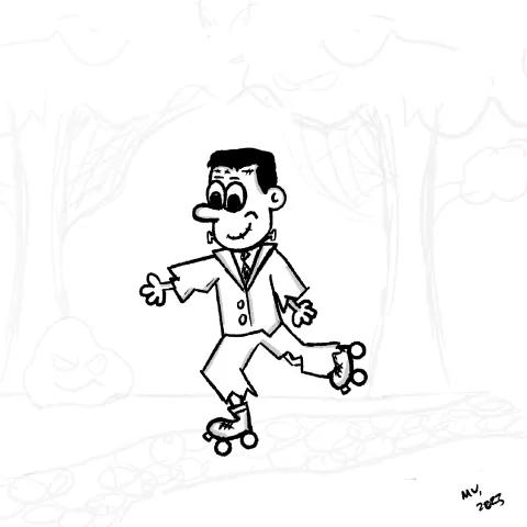 Olly Jolly eCard. Cartoon illustration of a Frankenstein monster rollerskating outside.