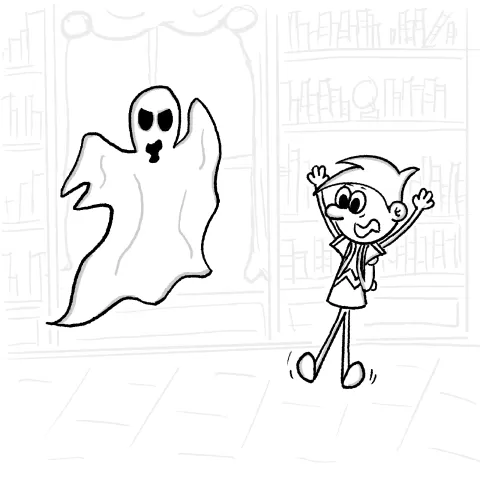 Olly Jolly eCard. Cartoon illustration of a person scared after seeing a ghost in a hunted house.