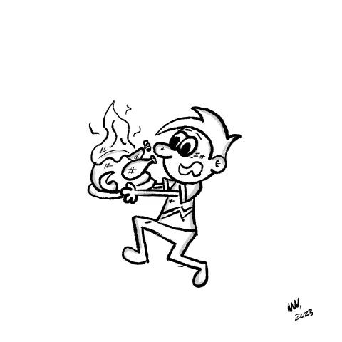 Olly Jolly eCard. Cartoon illustration of a person running while holding a burnt cooked turkey that is still on fire.
