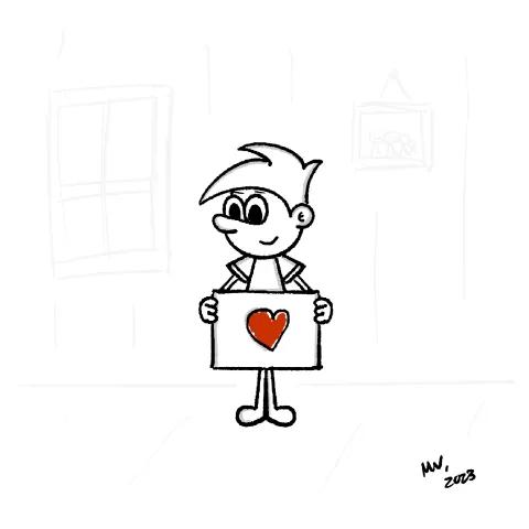 Olly Jolly eCard. Cartoon illustration of a character holding up a sign with a red heart showing empathy and care for whomever looks at the card.