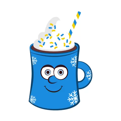 Olly Jolly eCard. Illustration blue mug of hot chocolate with snowflakes pattern, whip cream, blue and gold sprinkles and straw with a cartoon face.