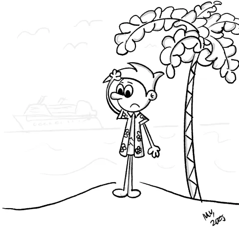 Olly Jolly eCard. Cartoon illustration of a person stranded on a desert island, under a palm tree, wearing a Hawaiian vacation shirt with flowers, while a cruise ship sails away in the distance. 