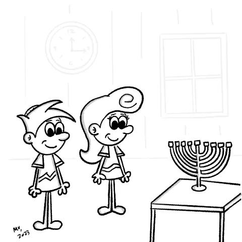 Olly Jolly eCard. Cartoon illustration of two people smiling in front of a Hanukkah menorah.