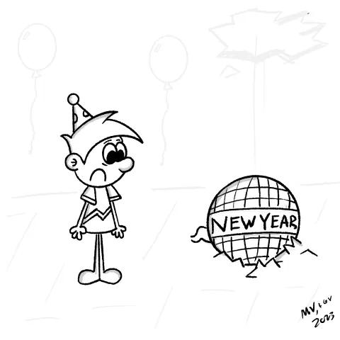 Olly Jolly eCard. Cartoon illustration of a person wearing a party hat, with a shocked expression in a room, with a big ball with the words new year on it crashed onto the floor.