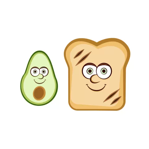 Olly Jolly eCard. Illustrative cartoon of a green ripe open avocado and a piece of brown toast with cartoon faces.