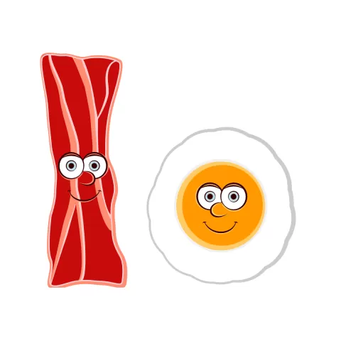 Olly Jolly eCard. Illustration a piece of cooked bacon and a sunny side up egg with cartoon faces.