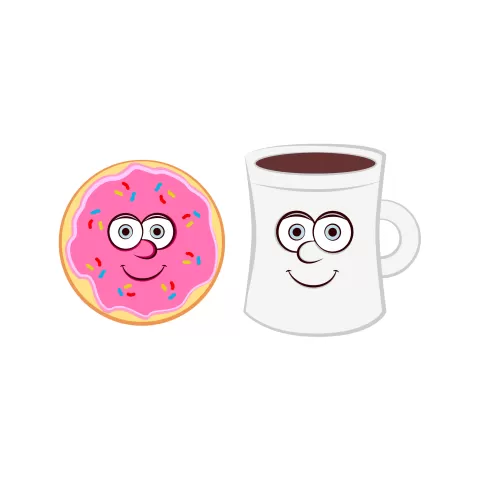 Olly Jolly eCard. Illustration donut with pink frosting and colorful sprinkles and a cup of drip coffee with cartoon faces.