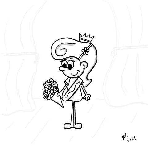 Olly Jolly eCard. Empowering illustration of a cartoon character winning a competition, wearying a crown, tiara, wearing a sash and holding a bouquet of roses on a stage.