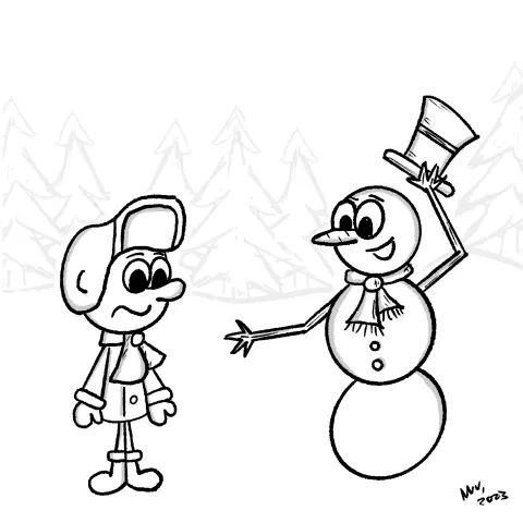 Olly Jolly eCard. Cartoon illustration of a person outside standing in front of a talking snowman with a hat, outside in the code with a confused expression on their face.