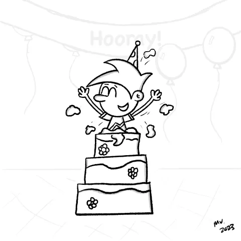 Olly Jolly eCard. Cartoon illustration of a person jumping or popping out of cake, surprising someone at a party or event. Surrounded by confetti, balloons and a banner.