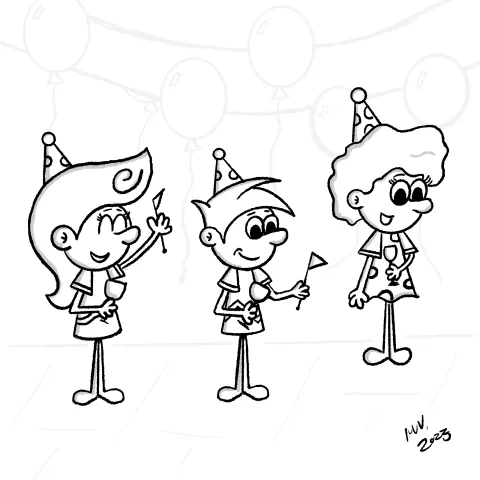 Olly Jolly eCard. Cartoon illustration of three people celebrating a party wearing party hats, small flags, streamers, banners and balloons cheerful and happy.