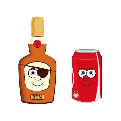 Olly Jolly eCard. Illustration of a bottle of rum with an eyepatch and a can of coke with cartoon faces. 