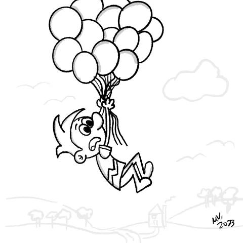 Olly Jolly eCard. Cartoon illustration of a person holding onto a bunch of balloons for their dear life as they are being lifted/floating away high in the sky.