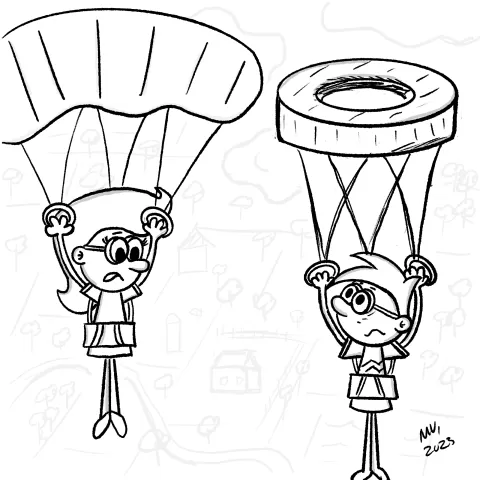 Olly Jolly eCard. Cartoon illustration of two people with shocked expressions while skydiving where one person’s parachute is a spare tire.
