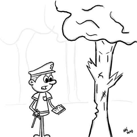Olly Jolly eCard. Cartoon illustration of a police officer taking down a statement from a tree that was “attacked” by a lumberjack.