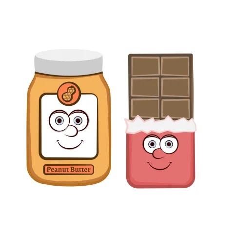 Olly Jolly Better Together eCard. Illustration of a jar of peanut butter and a bar of chocolate with cartoon faces.