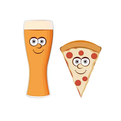Olly Jolly eCard. Illustration of a glass of hefeweizen beer and a slice of pepperoni and cheese pizza with cartoon faces.