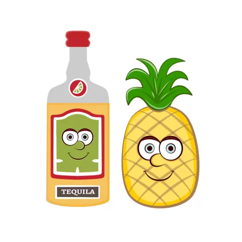 Olly Jolly eCard. Illustration of a bottle of tequila and a ripe yellow pineapple with cartoon faces.
