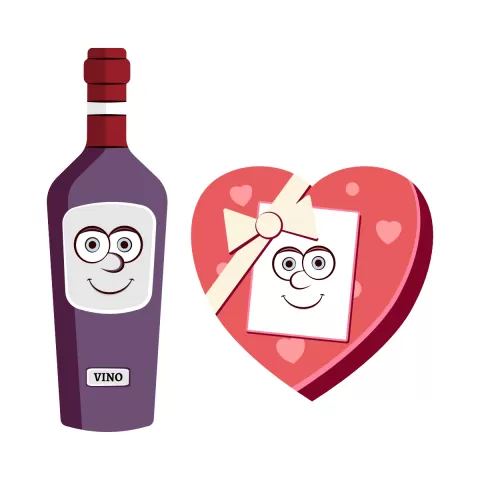 Olly Jolly eCard. Illustration of a bottle of red wine and a box of chocolates in the shape of a heart for valentine’s day with cartoon faces. 