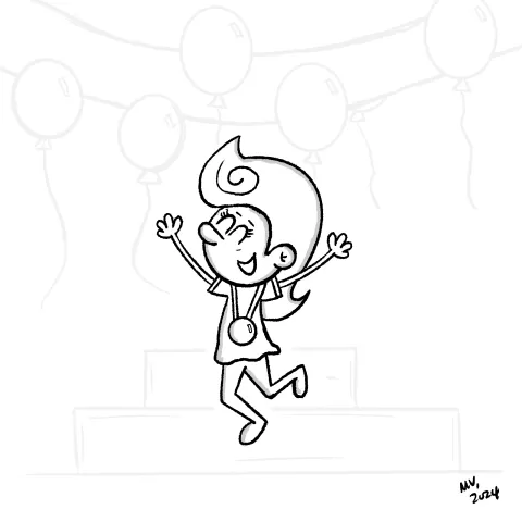 Olly Jolly eCard. Illustration of a cartoon character winning a medal, jumping with joy and excited that they achieved something to celebrate. Balloons and streamers in the background.