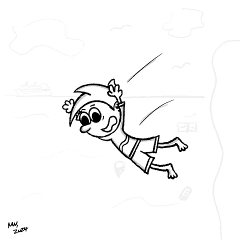 Olly Jolly eCard. Cartoon illustration of a character falling or jumping from a cliff, screaming towards water wearing a t-shirt and shorts with things falling out of his pockets. 