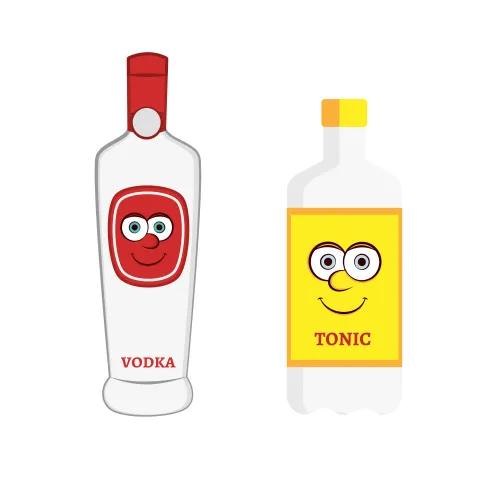 Olly Jolly eCard. Better Together Illustration of a red and white bottle vodka and a yellow bottle of tonic with cartoon faces.