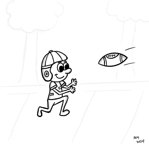 Olly Jolly eCard. Cartoon illustration of a character running on a football field, wearing an old school leather football helmet about to catch a football. 