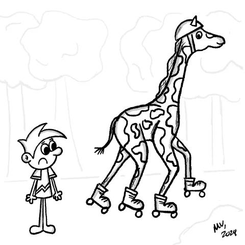 Olly Jolly funny eCard. Cartoon illustration of a giraffe with roller skates in a park with a cartoon character in a perplexed look.