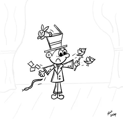 Olly Jolly eCard. Illustration of a cartoon character on a stage preforming a magic trick that goes wrong. With birds, cards, rabbits and snakes coming out of its clothes in front of a crowd. 