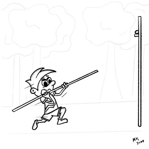 Olly Jolly eCard. Empowering themed Illustration of a cartoon running about to pole vault over a bar in a park. Panting with a determined expression. Screaming No one can ever tell me what I can't do!