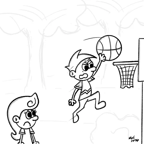 Olly Jolly eCard. Cartoon illustration of one cartoon character slam dunking a basketball in a park. Jumping in the air while another cartoon teammate is in disbelief and shock.