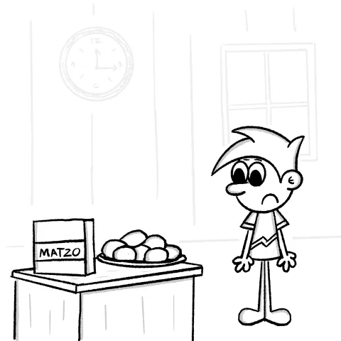 Olly Jolly eCard. Illustration of a cartoon with a sad expression looking at a box of matzo and a loaf of challah, and sad because it's passover.