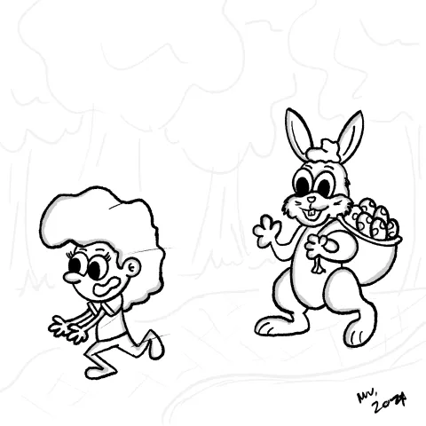 Olly Jolly eCard. Illustration of a cartoon child running away from a large easter bunny with a bag full of easter eggs outside in a park.