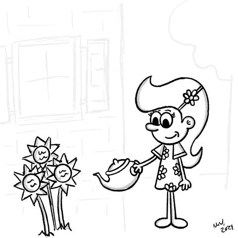 OllJolly ecard, Illustration of a cartoon character outside in front of a building watering sunflowers on a nice spring day.