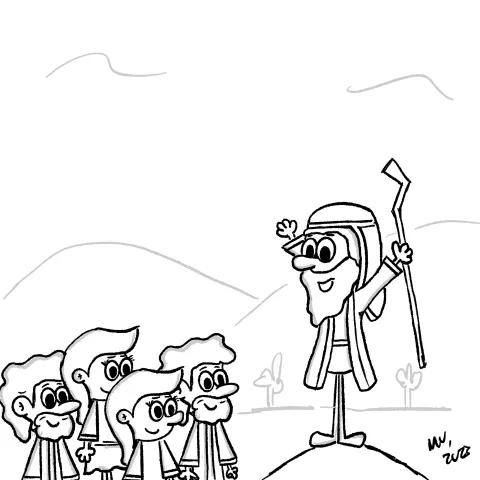 Olly Jolly eCard. Passover themed illustration of Moses on a hill speaking to a group of people in the desert. 