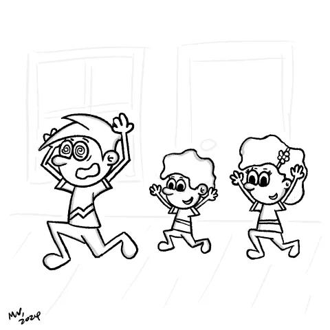 OllyJolly eCard Cartoon illustration of a parent running with a crazed expression from his two kids at home.