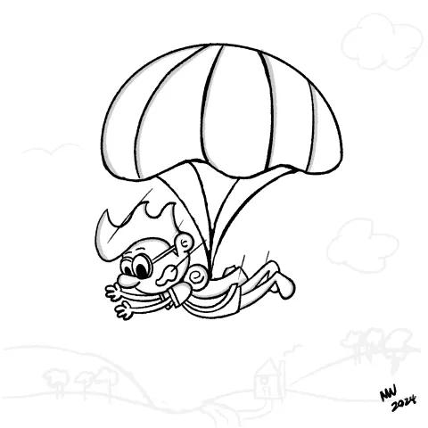 OllyJolly ecard Cartoon illustration of a cartoon character free falling from the sky screaming with an open parachute. 