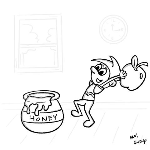 OllyJolly Illustration of a cartoon character with a very large apple dumping it in big pot of honey in calibrating Rosh Hashanah.