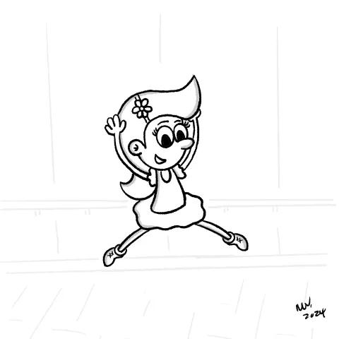 Cartoon eCard of Illustration of a cartoon character jumping and doing ballet in a studio with a happy expression and full of joy.