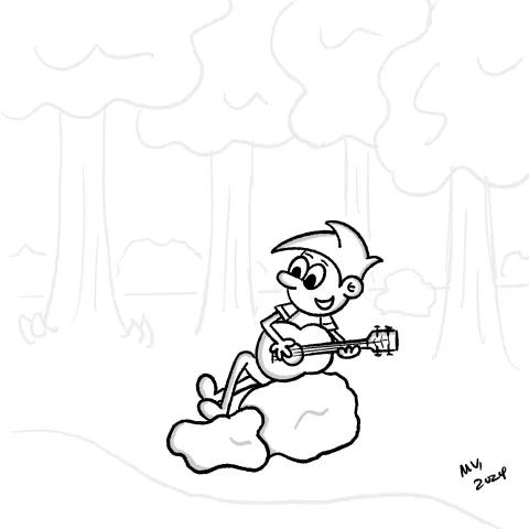 OllyJolly cartoon eCard of Illustration of cartoon character sitting outside on a rock in the woods strumming a guitar and singing. 